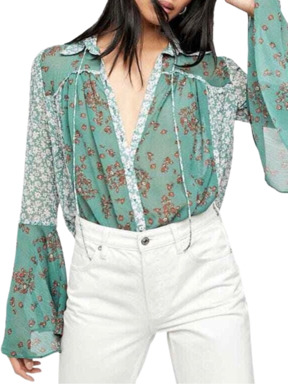 NWT Free People Serena Printed Blouse Emerald Combo Size M